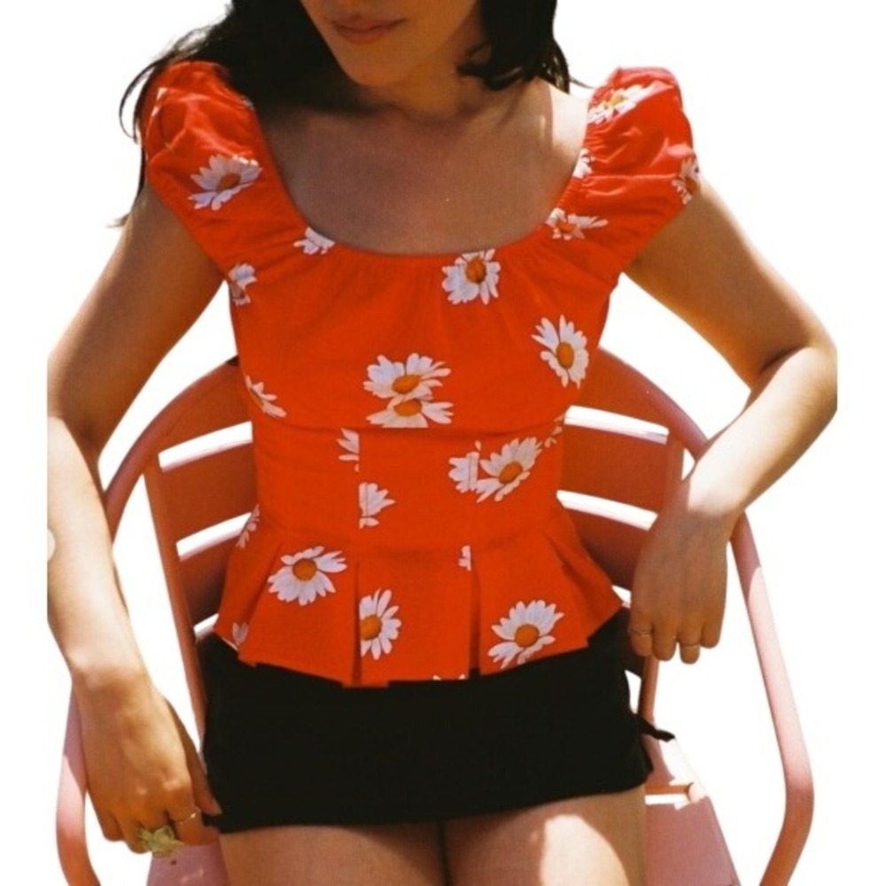 Lisa Says Gah Classic The Pat Puff Sleeve Cottagecore Top in Red Daisy Size 3X